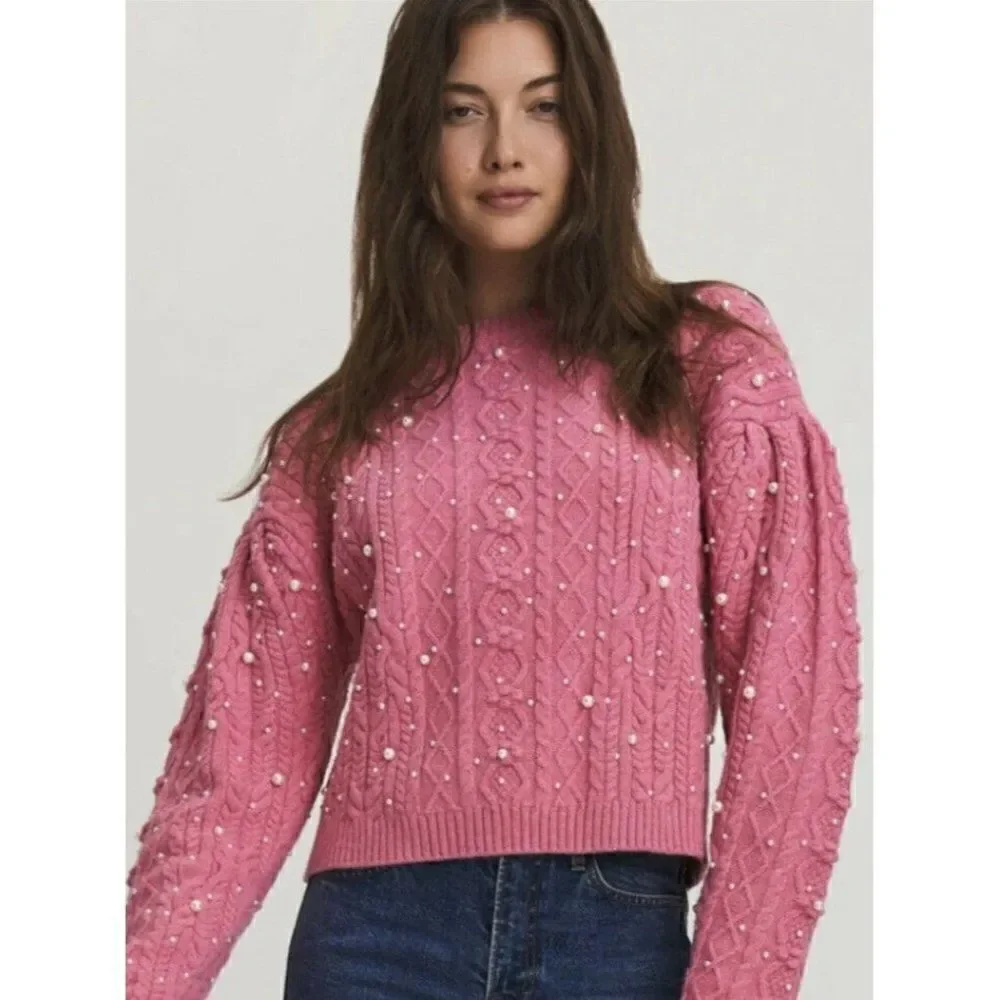 NWT SOMETHING NAVY Sz XS SHELBY PEARL CABLE KNIT SWEATER IN BUBBLEGUM PINK